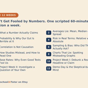 May include: A light-colored educational infographic titled THE 12 WEEKS: Don't Get Fooled by Numbers. It lists 12 weekly topics including probability, correlation, sampling bias, and misleading graphs, ending with HomeschoolAITutor on Etsy.