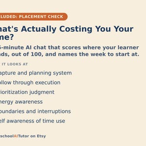 Puede incluir: Un gr&aacute;fico informativo con fondo crema y texto azul oscuro titulado What's Actually Costing You Your Time? Describe un chat de IA de 15 minutos que califica el progreso del estudiante sobre 100 y enumera seis &aacute;reas de enfoque, incluida la planificaci&oacute;n.