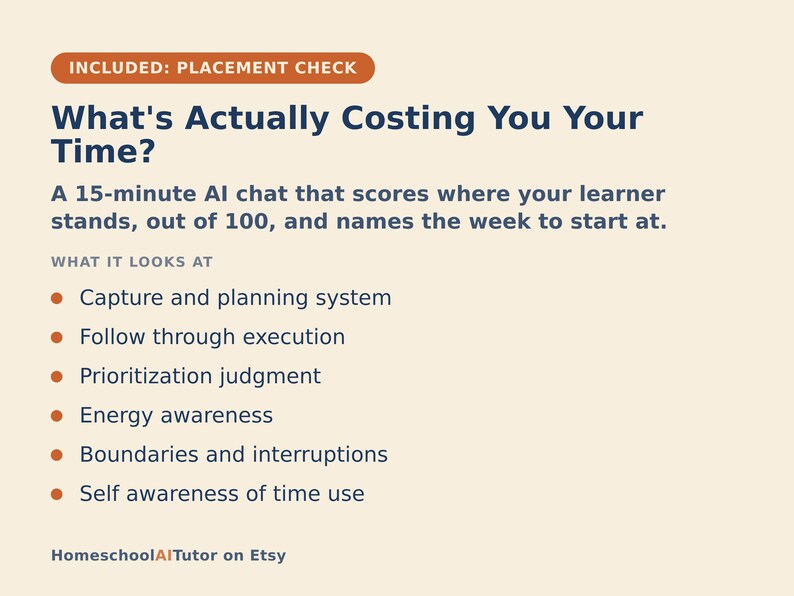 Puede incluir: Un gr&aacute;fico informativo con fondo crema y texto azul oscuro titulado What's Actually Costing You Your Time? Describe un chat de IA de 15 minutos que califica el progreso del estudiante sobre 100 y enumera seis &aacute;reas de enfoque, incluida la planificaci&oacute;n.