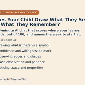 May include: A light beige informational graphic with dark blue text titled Does Your Child Draw What They See - Or What They Remember? It describes a 15-minute AI chat that scores learners out of 100, listing evaluation criteria like observation and proportion.