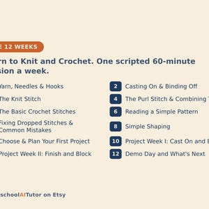 May include: A beige informational graphic titled THE 12 WEEKS, outlining a Learn to Knit and Crochet course with one 60-minute session per week. It lists 12 numbered dark blue rectangular icons with topics ranging from yarn and needles to project finishing.