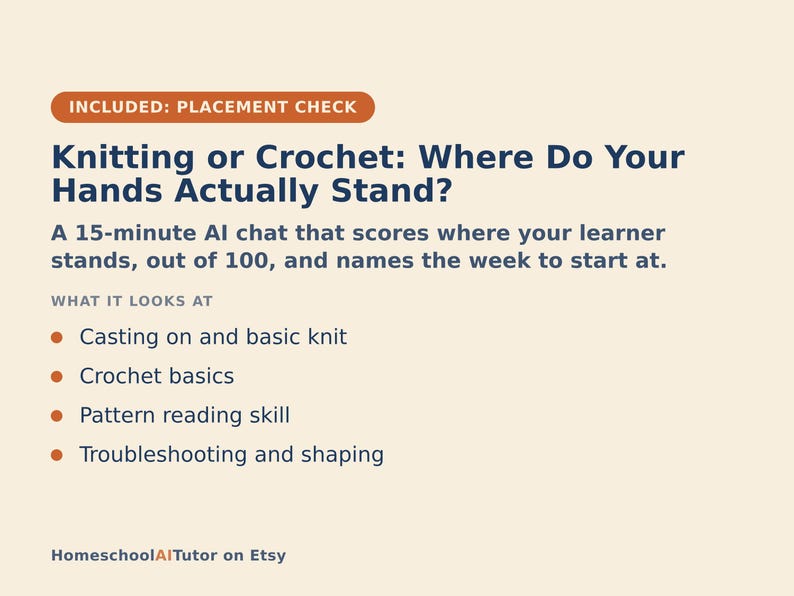 May include: A beige informational graphic with dark blue text titled Knitting or Crochet: Where Do Your Hands Actually Stand? It describes a 15-minute AI chat that scores learner skills including casting on, crochet basics, pattern reading, and troubleshooting.
