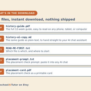 May include: A digital download list featuring five files: history-guide.pdf, history-ai-copy.md, READ-ME-FIRST.txt, placement-prompt.txt, and placement-card.pdf. Each entry includes a file type icon and a brief description of its contents.