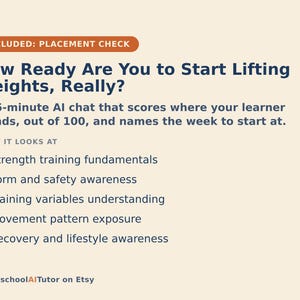 Op de afbeelding: Een lichtbeige informatieve afbeelding met de titel How Ready Are You to Start Lifting Weights, Really? in donkerblauwe tekst. Het beschrijft een AI-chat van 15 minuten die het niveau van de leerling beoordeelt en vijf focusgebieden opsomt.