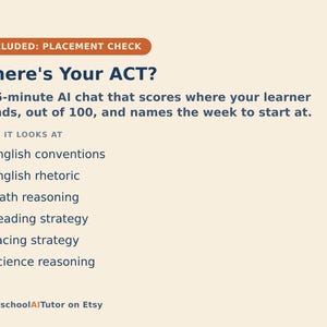 May include: A light beige informational graphic titled Where's Your ACT? with dark blue text. It describes a 15-minute AI chat that scores learners out of 100. Bullet points list English conventions, rhetoric, math, reading, pacing, and science reasoning.