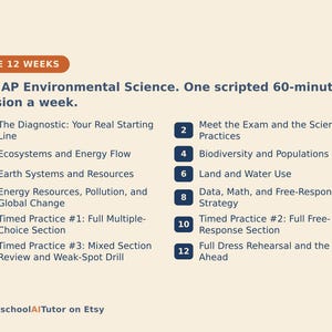 May include: A 12-week study plan for AP Environmental Science titled The 12 Weeks. It lists 12 weekly sessions including The Diagnostic, Ecosystems, Biodiversity, Earth Systems, Land and Water Use, Energy Resources, and timed practice exams.