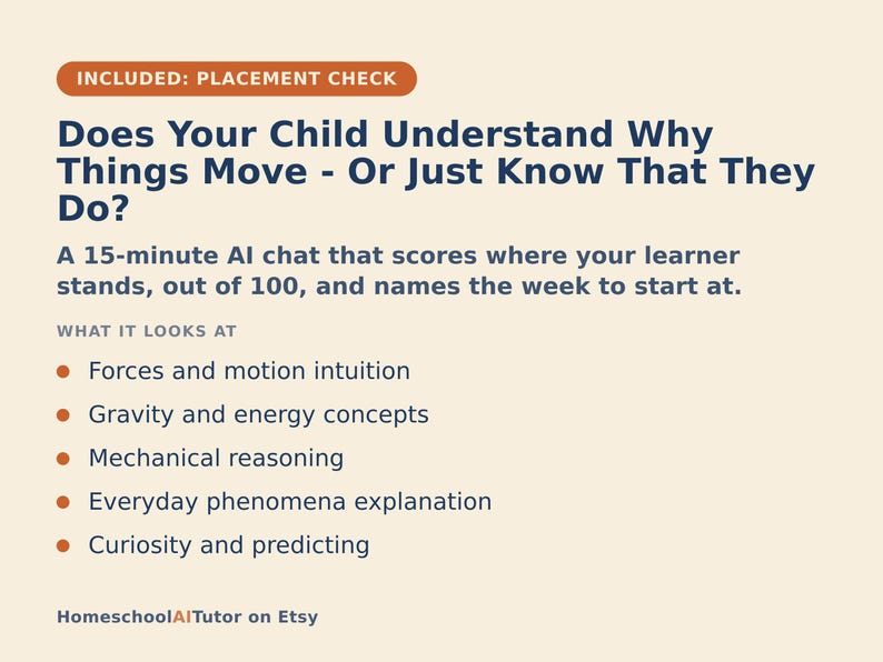 May include: A beige informational graphic with dark blue text titled Does Your Child Understand Why Things Move - Or Just Know That They Do? It describes a 15-minute AI chat that scores learners on forces, motion, gravity, energy, and mechanical reasoning.