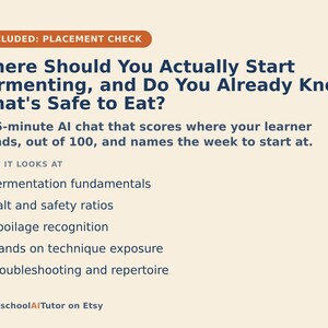 May include: An informational graphic with a light beige background and dark blue text. The title reads: Where Should You Actually Start Fermenting, and Do You Already Know What's Safe to Eat? It details a 15-minute AI chat covering fermentation fundamentals, salt and safety ratios, spoilage recognition, hands on technique exposure, and troubleshooting and repertoire. The bottom includes the text: HomeschoolAITutor on Etsy.