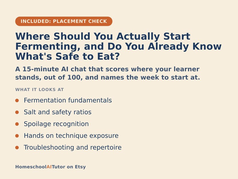 May include: An informational graphic with a light beige background and dark blue text. The title reads: Where Should You Actually Start Fermenting, and Do You Already Know What's Safe to Eat? It details a 15-minute AI chat covering fermentation fundamentals, salt and safety ratios, spoilage recognition, hands on technique exposure, and troubleshooting and repertoire. The bottom includes the text: HomeschoolAITutor on Etsy.