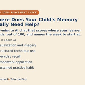 Op de afbeelding: Een beige informatieve afbeelding met donkerblauwe tekst getiteld Where Does Your Child's Memory Really Need Help? Het beschrijft een AI-chat van 15 minuten die het geheugen scoort uit 100 en vijf focusgebieden noemt: visualisatie, techniek, herinnering, schoolwerk en oefening.