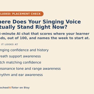 May include: A light beige informational graphic titled Where Does Your Singing Voice Actually Stand Right Now? It describes a 15-minute AI chat that scores singing ability out of 100. It lists singing confidence, breath support, pitch, resonance, and rhythm.