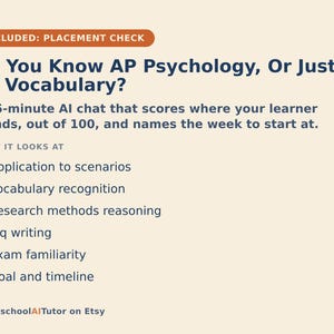 Puede incluir: Un gr&aacute;fico informativo beige titulado Do You Know AP Psychology, Or Just Its Vocabulary? Describe un chat de IA de 15 minutos que califica a los estudiantes sobre 100. Los puntos incluyen: Application to scenarios, Vocabulary recognition, Research methods reasoning, Frq writing, Exam familiarity y Goal and timeline. El texto HomeschoolAITutor on Etsy aparece abajo.