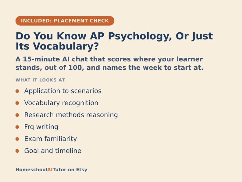 Puede incluir: Un gr&aacute;fico informativo beige titulado Do You Know AP Psychology, Or Just Its Vocabulary? Describe un chat de IA de 15 minutos que califica a los estudiantes sobre 100. Los puntos incluyen: Application to scenarios, Vocabulary recognition, Research methods reasoning, Frq writing, Exam familiarity y Goal and timeline. El texto HomeschoolAITutor on Etsy aparece abajo.