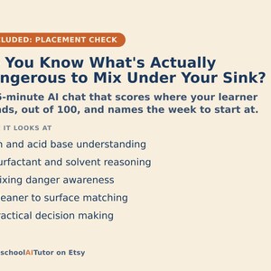 May include: An educational graphic with a cream background and dark blue text titled Do You Know What's Actually Dangerous to Mix Under Your Sink? It describes a 15-minute AI chat that scores learners on pH, acid base, surfactants, and safety.