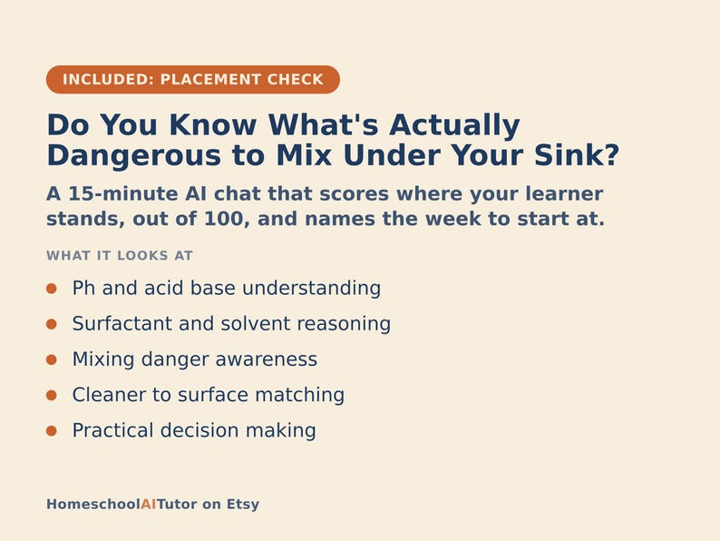 May include: An educational graphic with a cream background and dark blue text titled Do You Know What's Actually Dangerous to Mix Under Your Sink? It describes a 15-minute AI chat that scores learners on pH, acid base, surfactants, and safety.