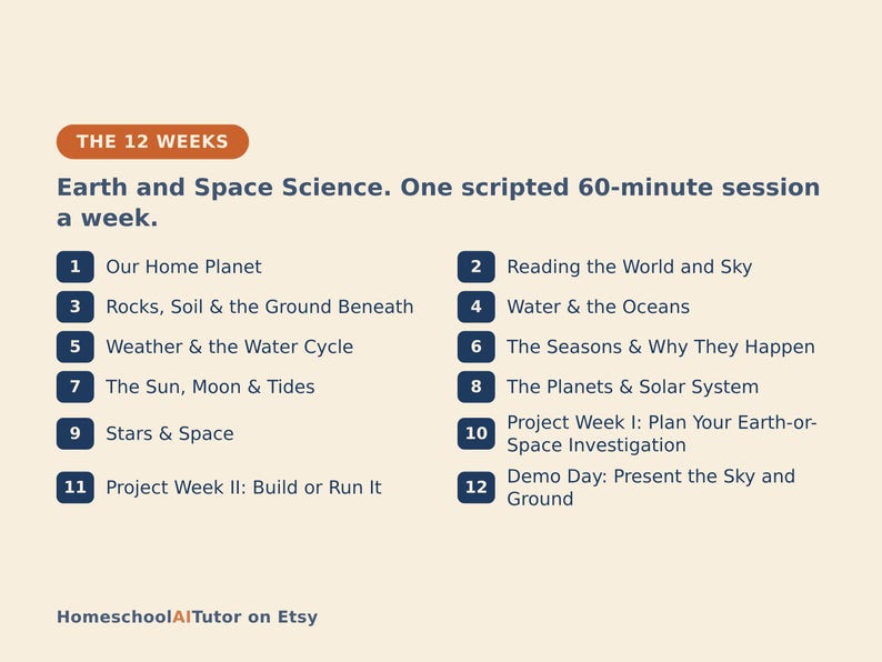 May include: A curriculum outline titled The 12 Weeks Earth and Space Science. One scripted 60-minute session a week. It lists twelve numbered topics including Our Home Planet, Reading the World and Sky, Rocks, Soil & the Ground Beneath, and Water & the Oceans.