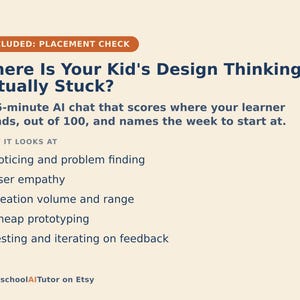 May include: A light beige informational graphic titled Where Is Your Kid's Design Thinking Actually Stuck? It describes a 15-minute AI chat that scores learner progress out of 100. It lists five focus areas: Noticing and problem finding, User empathy, Ideation volume and range, Cheap prototyping, and Testing and iterating on feedback.