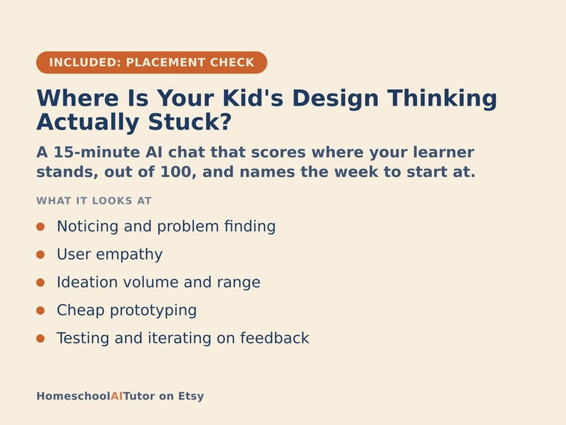 May include: A light beige informational graphic titled Where Is Your Kid's Design Thinking Actually Stuck? It describes a 15-minute AI chat that scores learner progress out of 100. It lists five focus areas: Noticing and problem finding, User empathy, Ideation volume and range, Cheap prototyping, and Testing and iterating on feedback.