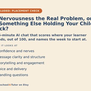 May include: A light-coloured informational graphic with dark blue text titled Is Nervousness the Real Problem, or Is Something Else Holding Your Child Back? It describes a 15-minute AI chat that scores learners and lists five evaluation criteria.