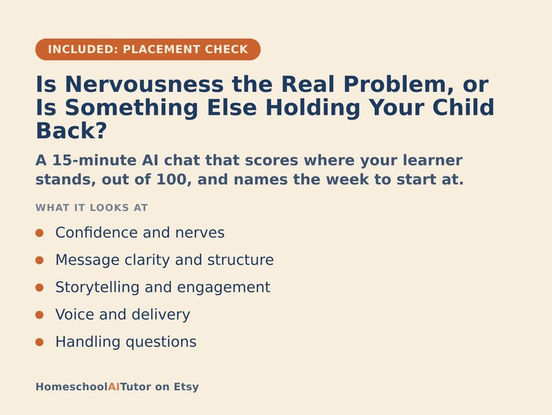 May include: A light-coloured informational graphic with dark blue text titled Is Nervousness the Real Problem, or Is Something Else Holding Your Child Back? It describes a 15-minute AI chat that scores learners and lists five evaluation criteria.