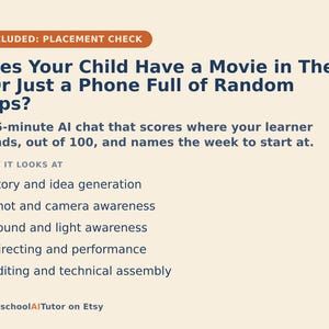 Może przedstawiać: Jasna infografika z ciemnoniebieskim tekstem zatytułowana Does Your Child Have a Movie in Them - Or Just a Phone Full of Random Clips? Opisuje 15-minutową usługę czatu AI oceniającą umiejętności filmowe, takie jak scenariusz, kamera i montaż.
