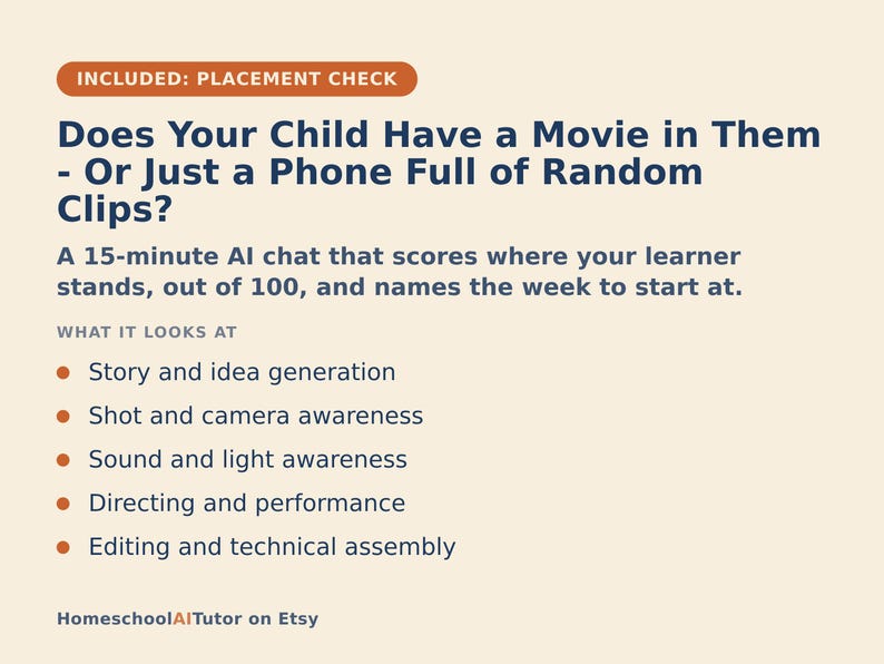 Może przedstawiać: Jasna infografika z ciemnoniebieskim tekstem zatytułowana Does Your Child Have a Movie in Them - Or Just a Phone Full of Random Clips? Opisuje 15-minutową usługę czatu AI oceniającą umiejętności filmowe, takie jak scenariusz, kamera i montaż.