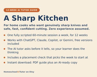 Knife Sharpening for Beginners, 12-Week AI Tutor Guide, Whetstone Sharpening, Honing and Knife Skills for Home Cooks, PDF