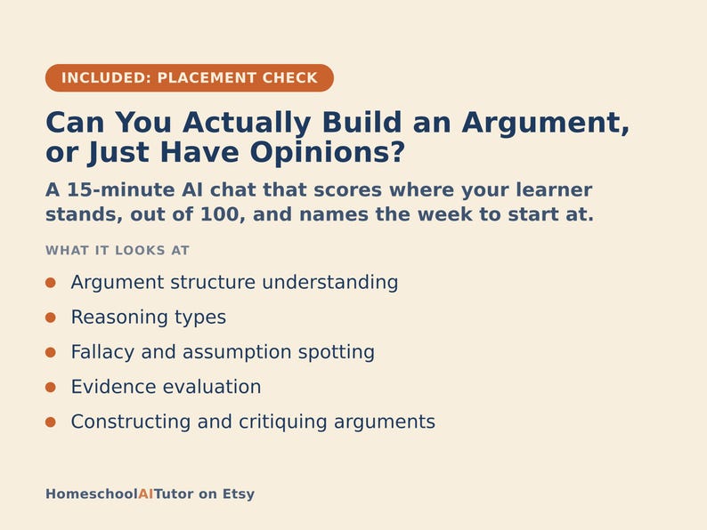 Pu&ograve; includere: Un grafico informativo beige intitolato Can You Actually Build an Argument, or Just Have Opinions? Descrive una chat AI di 15 minuti che valuta la struttura dell'argomentazione, il ragionamento, le fallacie, le prove e la critica degli argomenti.