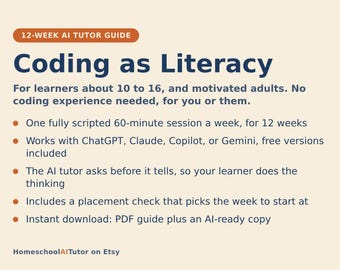 Homeschool Coding Curriculum for Kids, 12-Week AI Tutor Guide, Learn Python Ages 10-16, No Coding Experience Needed, PDF
