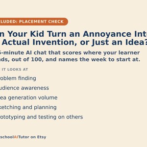 May include: A light beige informational graphic with dark blue text titled Can Your Kid Turn an Annoyance Into an Actual Invention, or Just an Idea? It describes a 15-minute AI chat that scores learners and lists criteria including problem finding.