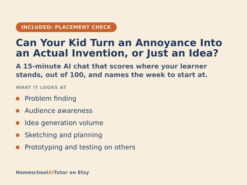 May include: A light beige informational graphic with dark blue text titled Can Your Kid Turn an Annoyance Into an Actual Invention, or Just an Idea? It describes a 15-minute AI chat that scores learners and lists criteria including problem finding.