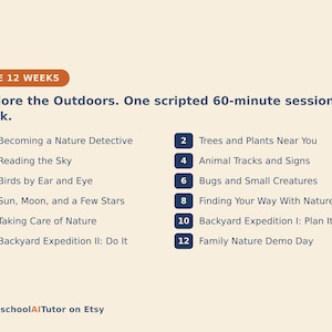 May include: A curriculum outline titled THE 12 WEEKS Explore the Outdoors. One scripted 60-minute session a week. It lists twelve numbered topics including Becoming a Nature Detective, Trees and Plants, Reading the Sky, and Backyard Expedition.