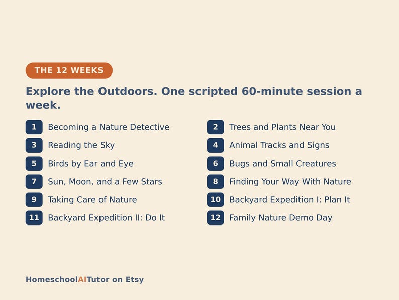 May include: A curriculum outline titled THE 12 WEEKS Explore the Outdoors. One scripted 60-minute session a week. It lists twelve numbered topics including Becoming a Nature Detective, Trees and Plants, Reading the Sky, and Backyard Expedition.