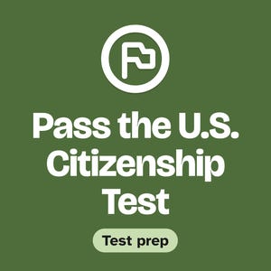 May include: A square graphic with a dark olive green background featuring a white circular icon of a flag. The text reads Pass the U.S. Citizenship Test in large white letters, with a smaller white pill-shaped badge below labeled Test prep.