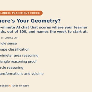 May include: A beige informational graphic titled Where's Your Geometry? featuring a 15-minute AI chat description. It lists topics including angle sense, shape classification, perimeter area reasoning, triangle reasoning proof, circle reasoning, and transformations and volume.