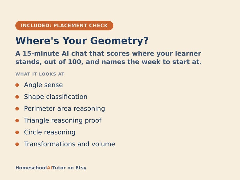 May include: A beige informational graphic titled Where's Your Geometry? featuring a 15-minute AI chat description. It lists topics including angle sense, shape classification, perimeter area reasoning, triangle reasoning proof, circle reasoning, and transformations and volume.