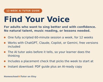 Learn to Sing for Beginners, 12-Week AI Tutor Course for Adults, Breath Support, Pitch, Range and Ear Training, PDF