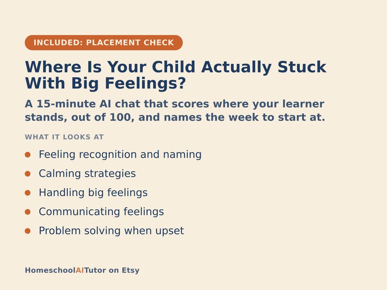 May include: A light cream-colored informational graphic with dark blue text titled Where Is Your Child Actually Stuck With Big Feelings? It describes a 15-minute AI chat that scores learners out of 100 and lists five focus areas including feeling recognition.