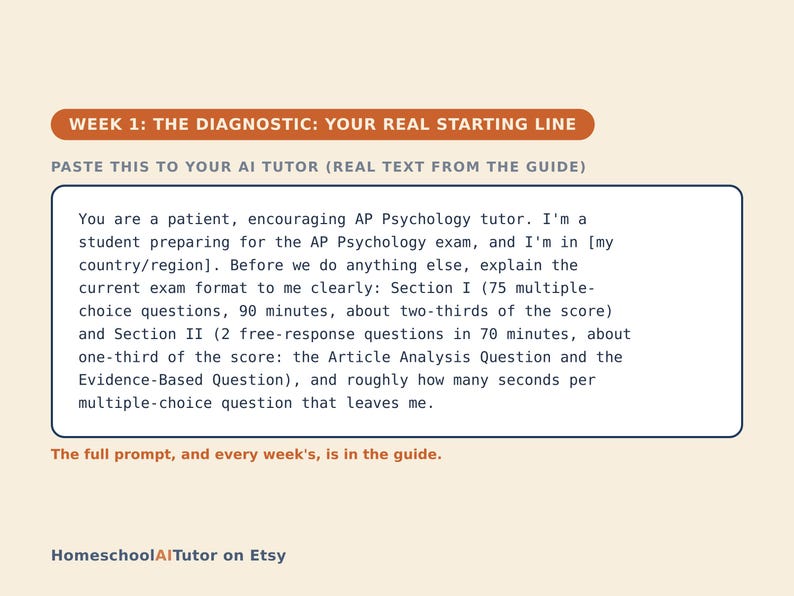 Puede incluir: Un gr&aacute;fico educativo digital con fondo crema que presenta el texto WEEK 1: THE DIAGNOSTIC: YOUR REAL STARTING LINE en una barra naranja. Debajo, un recuadro contiene una instrucci&oacute;n para un tutor de IA sobre el formato del examen AP Psychology.