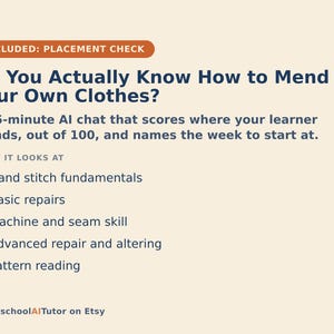 May include: A beige informational graphic with dark blue text titled Do You Actually Know How to Mend Your Own Clothes? It describes a 15-minute AI chat covering hand stitch fundamentals, basic repairs, machine skills, alterations, and pattern reading.