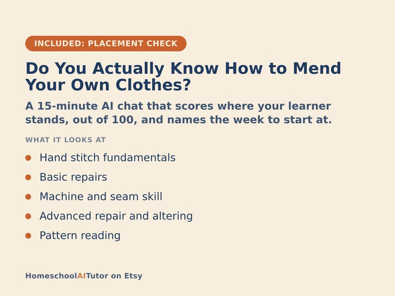 May include: A beige informational graphic with dark blue text titled Do You Actually Know How to Mend Your Own Clothes? It describes a 15-minute AI chat covering hand stitch fundamentals, basic repairs, machine skills, alterations, and pattern reading.