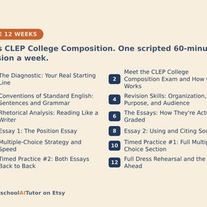 Op de afbeelding: Een 12-wekelijks studieplan voor het CLEP College Composition examen. De tekst schetst een wekelijks schema met 12 genummerde sessies over onderwerpen zoals diagnostische tests, grammatica, retorische analyse, essay schrijven en oefenexamens.