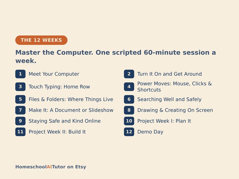 May include: A 12-week computer curriculum outline titled THE 12 WEEKS Master the Computer. One scripted 60-minute session a week. The list includes 12 numbered topics ranging from Meet Your Computer to Demo Day, with HomeschoolAITutor on Etsy at the bottom.