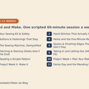 May include: A 12-week sewing curriculum titled Mend and Make with a 60-minute weekly session. The list includes: 1. Your Sewing Kit & Safety, 2. Hand Stitches That Actually Hold, 3. Buttons & Fastenings That Stay, 4. Hems and the Five-Minute Repair, 5. The Sewing Machine, Demystified, 6. Seams & Finishing Edges That Don't Fray, 7. Patching & Darning, 8. Taking In and Letting Out, 9. Reading a Simple Pattern, 10. Project Week I, 11. Project Week II, 12. Demo Day and the Mending Habit.