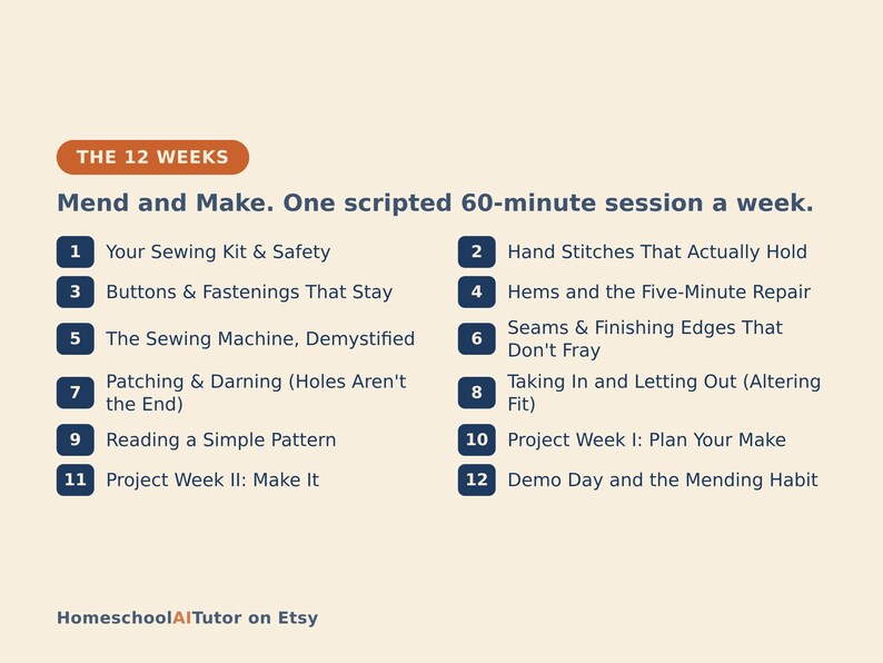 May include: A 12-week sewing curriculum titled Mend and Make with a 60-minute weekly session. The list includes: 1. Your Sewing Kit & Safety, 2. Hand Stitches That Actually Hold, 3. Buttons & Fastenings That Stay, 4. Hems and the Five-Minute Repair, 5. The Sewing Machine, Demystified, 6. Seams & Finishing Edges That Don't Fray, 7. Patching & Darning, 8. Taking In and Letting Out, 9. Reading a Simple Pattern, 10. Project Week I, 11. Project Week II, 12. Demo Day and the Mending Habit.