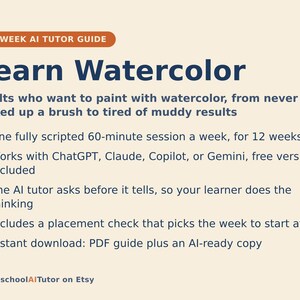 Watercolor for Beginners, 12-Week AI Tutor Guide, Washes, Wet on Wet, Color Mixing and Layering, Adults, PDF bild 1