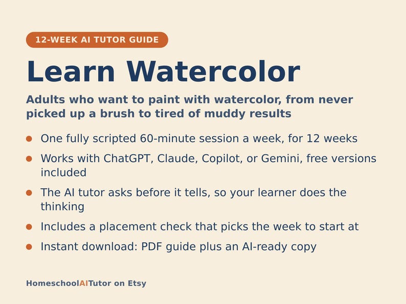 Watercolor for Beginners, 12-Week AI Tutor Guide, Washes, Wet on Wet, Color Mixing and Layering, Adults, PDF bild 1