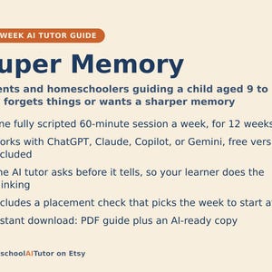 Op de afbeelding: Een 12-weekse AI-tutorhandleiding genaamd Super Memory voor ouders en thuisonderwijzers die kinderen van 9 tot 13 jaar begeleiden. Het document bevat een wekelijkse sessie van 60 minuten en compatibiliteit met diverse AI-programma's.
