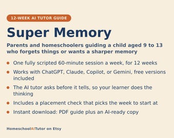 Memory Skills for Kids, 12-Week AI Tutor Guide, Memory Palace, Names, Numbers and Study Tricks, Ages 9 to 13, PDF