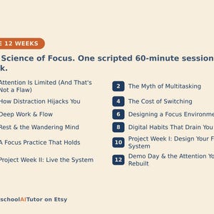 Pu&ograve; includere: Un grafico informativo beige intitolato The 12 Weeks: The Science of Focus. One scripted 60-minute session a week. Elenca dodici punti numerati tra cui Attention Is Limited, The Myth of Multitasking e Deep Work & Flow. HomeschoolAITutor on Etsy.